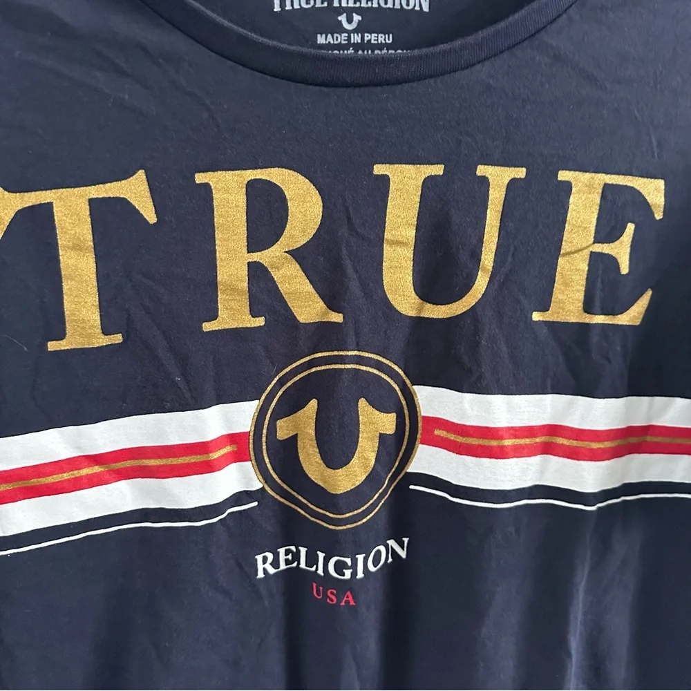 True Religion Navy Graphic Logo T-Shirt Gold Foil USA Tee Size L